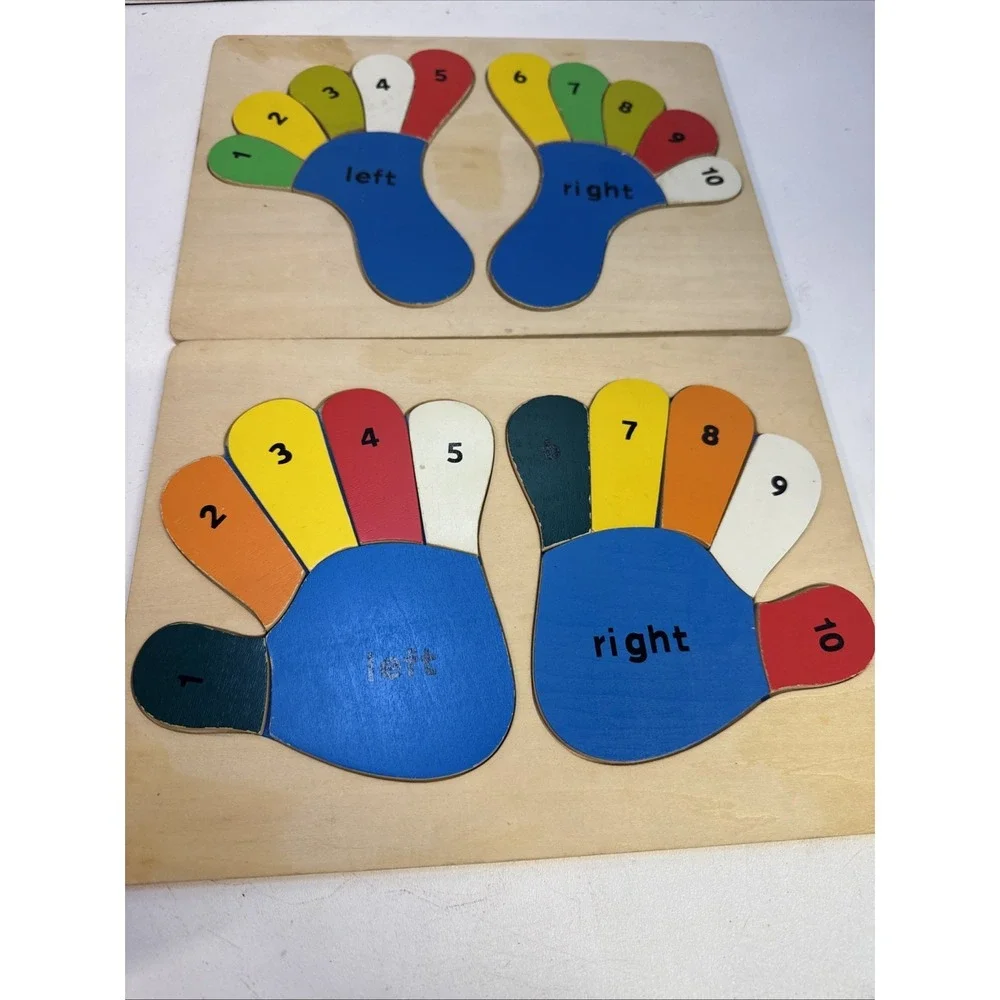 Vintage Wooden‎ Puzzles Hands And Feet Teach Right, Left, Colors,  & Numbers